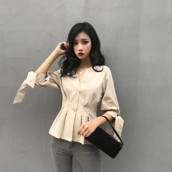 Женские кружевные топы и блузки для офиса OL с длинным рукавом v образный вырез