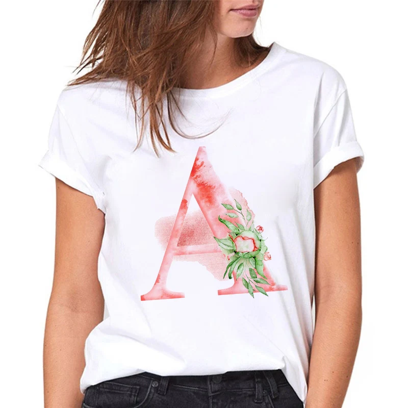 

Summer New Fashion Short Sleeve Women T-shirt 26 English Letters Flowers ABCDE Graphic Printed Female Tshirts Girls Casual Tops
