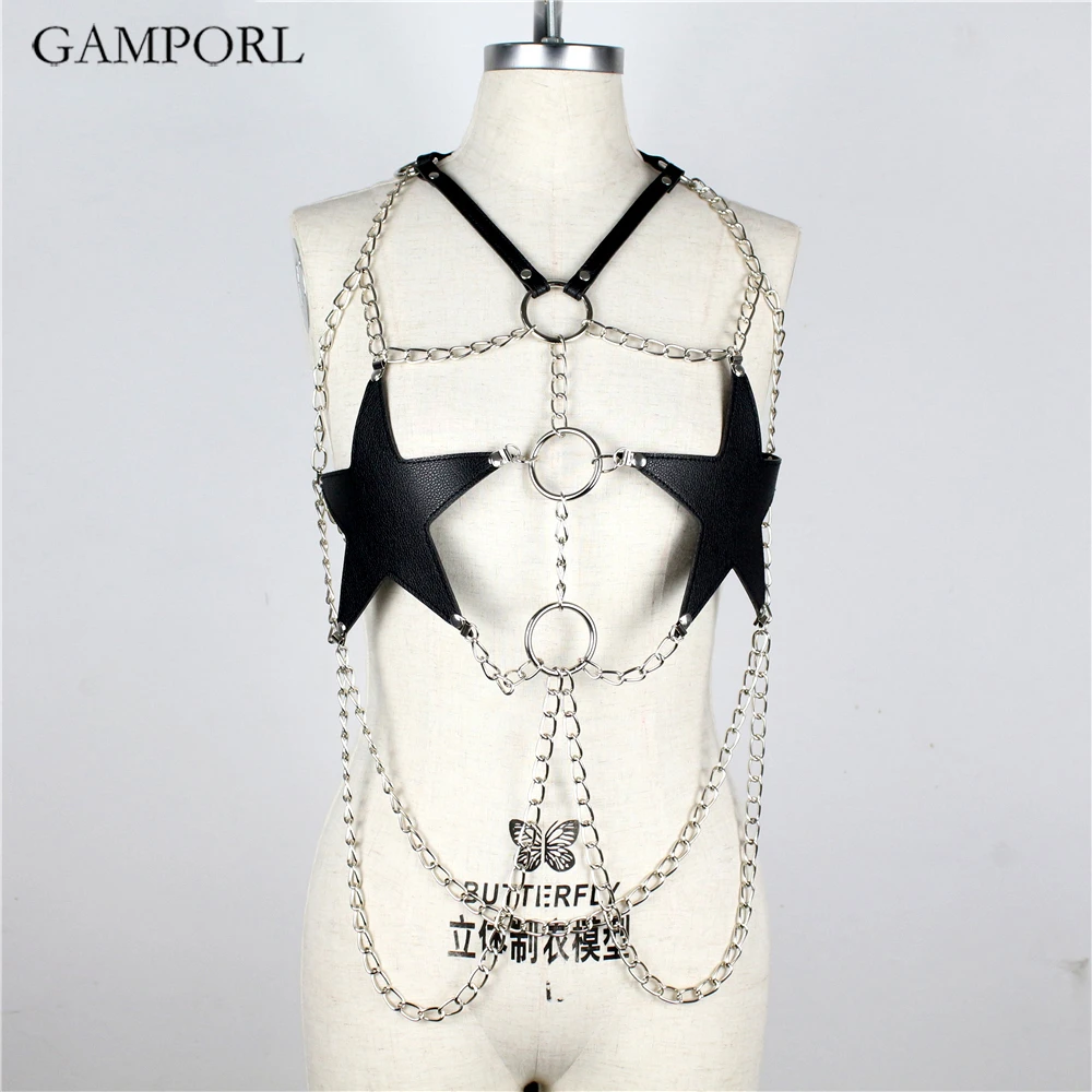 GAMPORL кожа портупея цепь для женщин Подвязки Пояс пентаграмма Пастельная грудь
