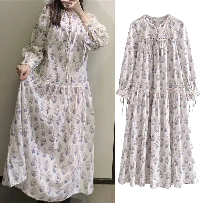 

Платье-миди женское летнее с цветочным принтом и длинным рукавом-фонариком