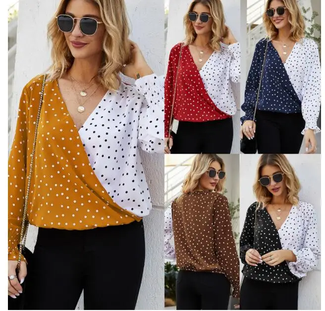 

Women Patchwork Polka Dot Blouse Casual Tops V Neck Long Sleeve 2020 Spring Elegant Office Ladies Blouses Tee Shirts