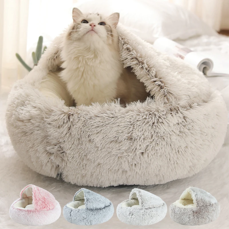 

Pet Cat Bed Dog Bed Round Plush Warm Cat's House Soft Long Plush Best Pet Bed Dogs For Cats Nest 2 In 1 Cat Accessories