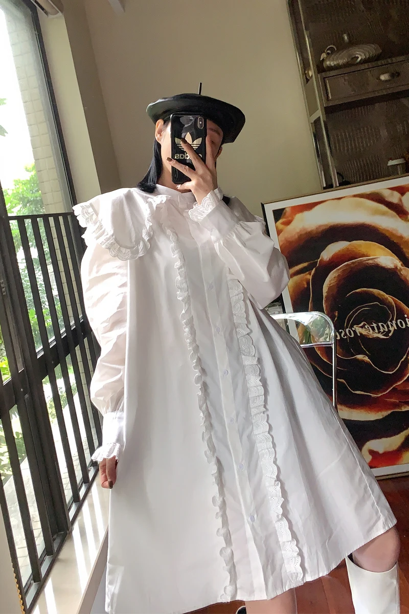 

IEQJ 2021 new spring and summer fashion women clothes ruffles collar spliced loose big size pullover shirt dress WP25900