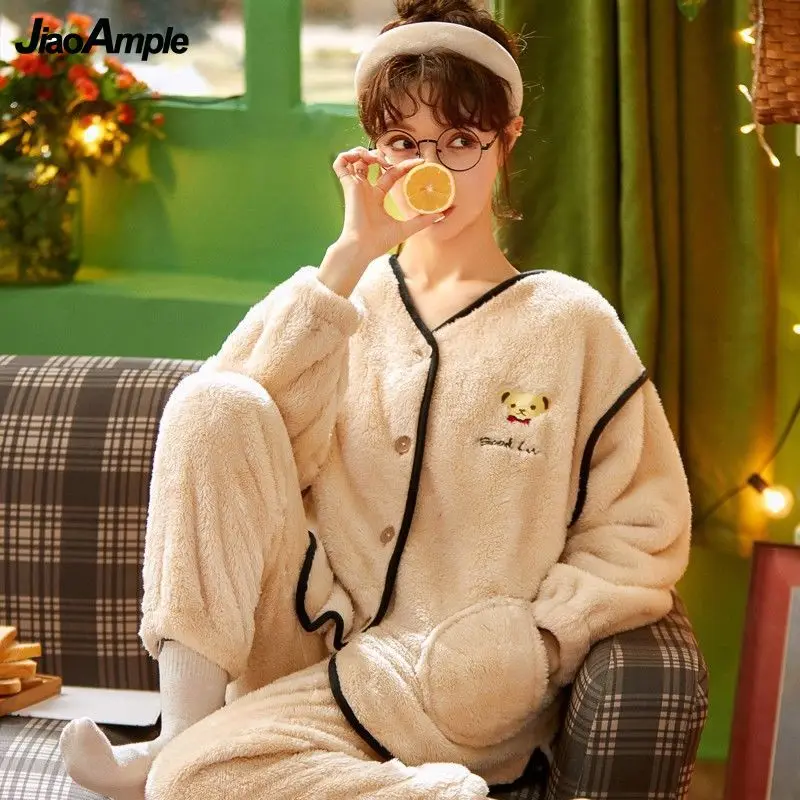 2021 Winter New Thick Velvet Warm Pajamas Women's Flannel Cute Cartoon Pijamas Set Korean Fashion Sleepwear Two-piece Set