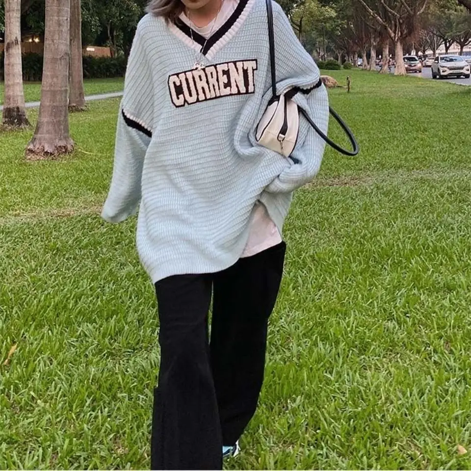 

Casual School Style Loose Knitting Pullovers For Women Female 2021 New V-neck Letter Printed Sweater Jumpers Tops Feme