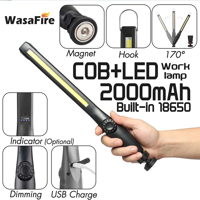 

Led Work Light Bright Cob Flashlight Stepless Dimming Camping Light Torch with Magnet Usb Rechargeable Waterproof Portable Lamp