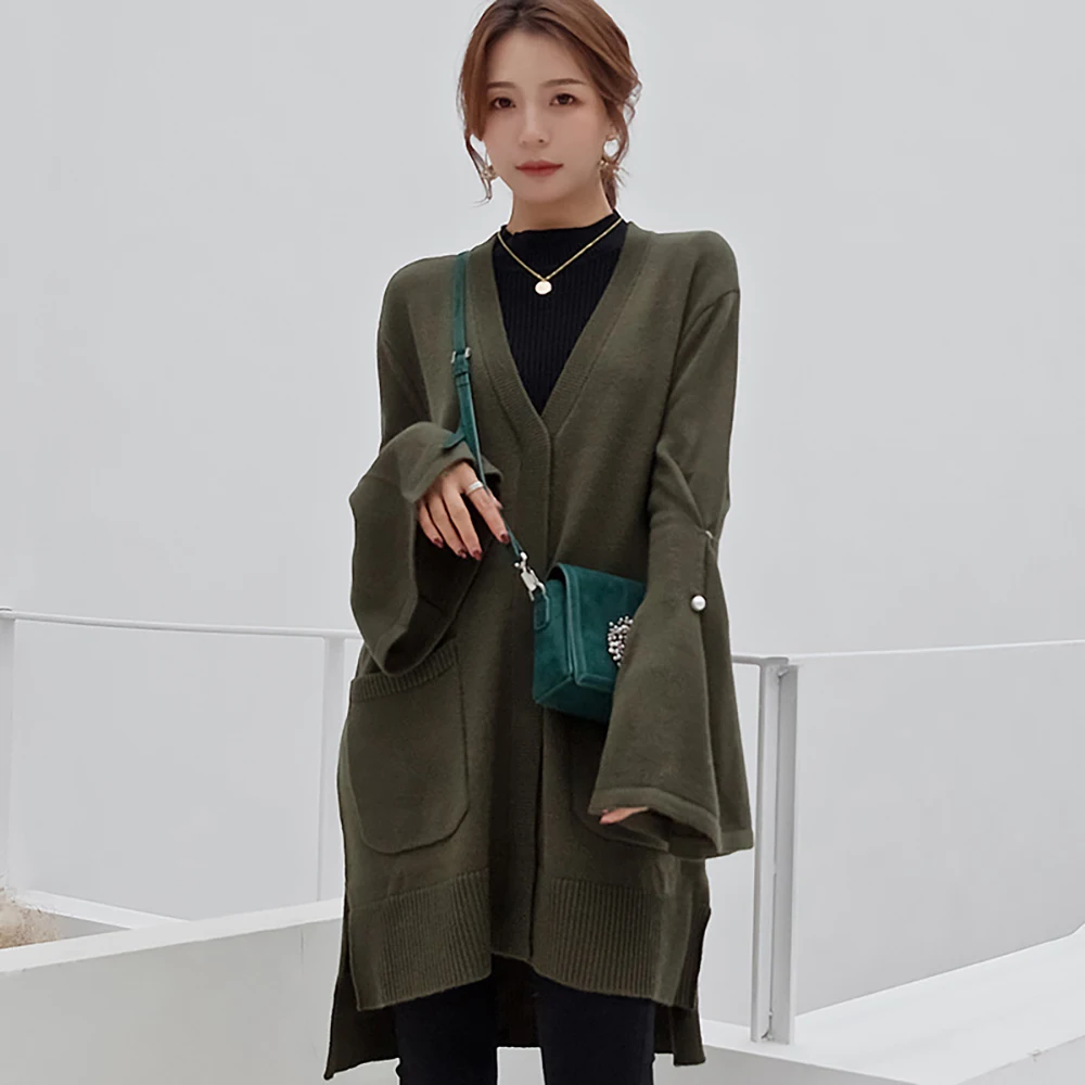 

2021 Autumn And Winter European and American New Women's Sweater Coat Pearl Buckle Concealed Wool Cardigan