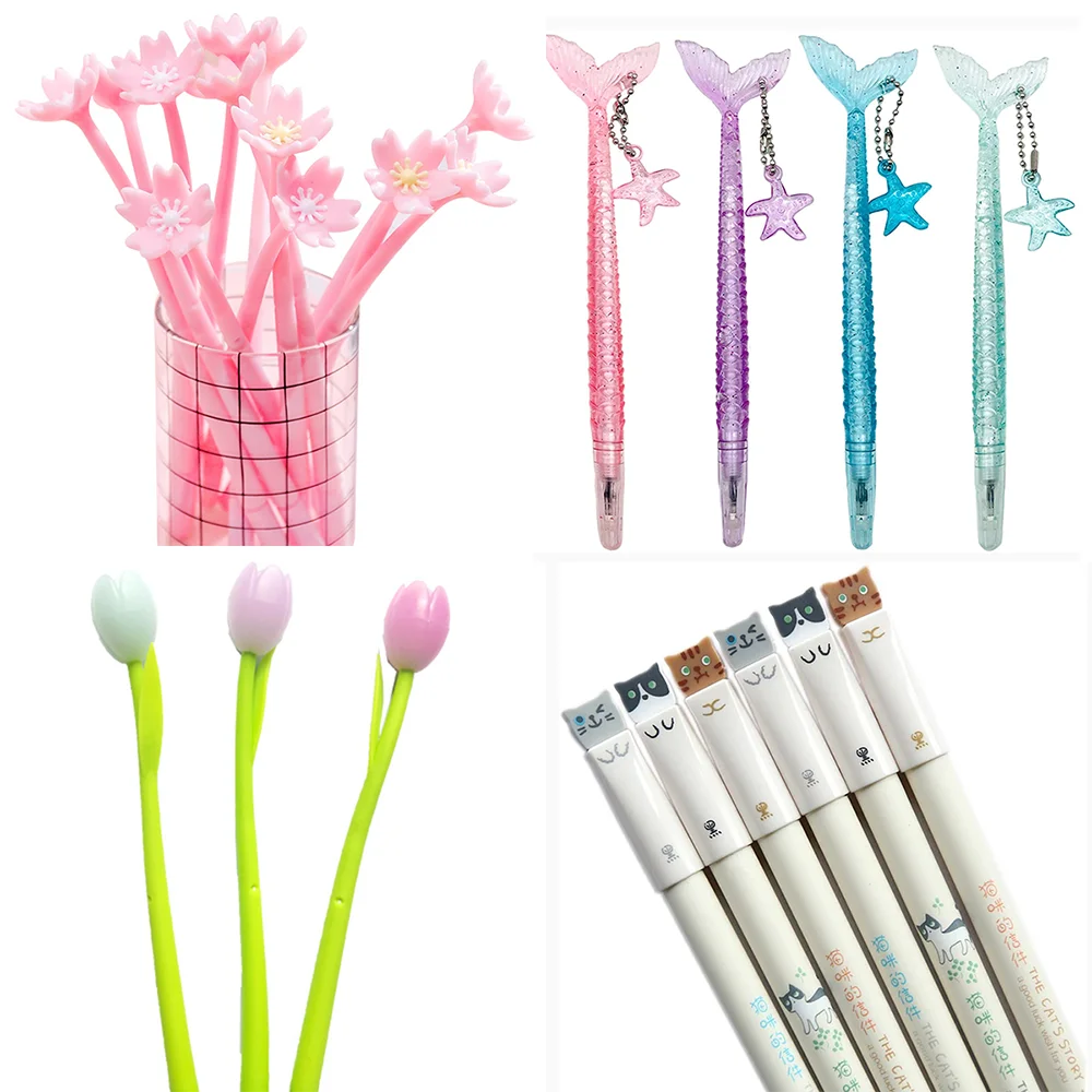 1Pcs Kawaii Gel Pen Cute Funny Stationery Feather Mermaid Cat Writing Ink Rollerball Pens Cool School Supply Girl Gift Thing Kit