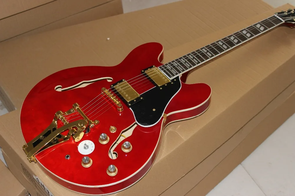 

Custom shop F hollow body jazz electric guitar Red color gitaar.gold hardware guitarra.vibrato system.support customization