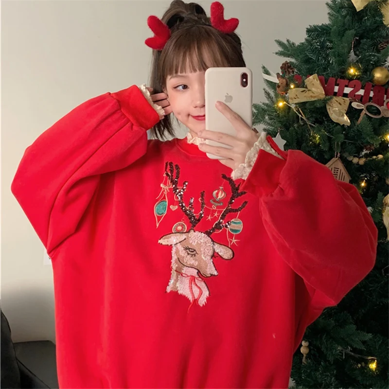 Рождественский свитер с пайетками и оленем женский осенне зимний студенческий