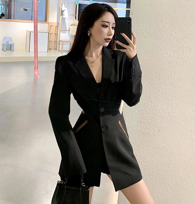 

autumn winter Casual V collar women dress Long sleeve office lady Temperament waistless suit dress