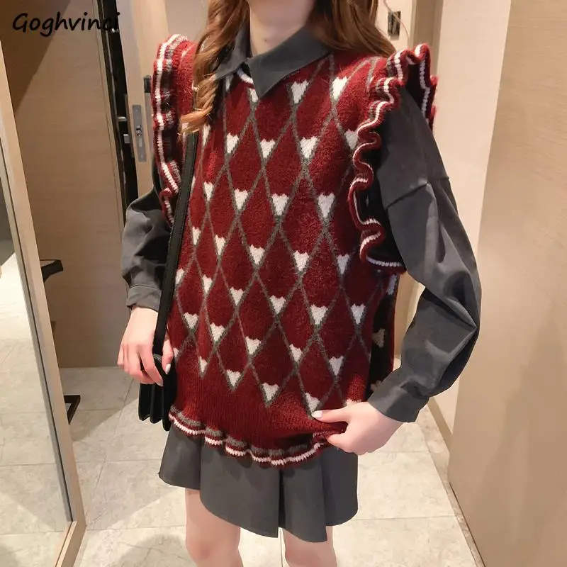 

Sweater Vest Women Spring O-neck Argyle Ruffles Sleeveless Sweet Korean All-match Autumn Students Chic Waistcoat Knitted Female