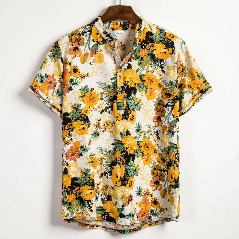 

Linen Short Sleeve Shirt Men Summer Floral Loose Baggy Casual Hawaii Holiday Beach Shirt Tee Tops Buttons Blouse National Style