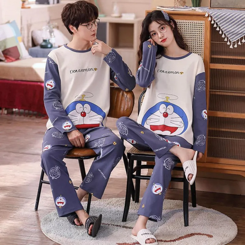 Long Sleeve Couple Matching Pajamas For Men Women Lover Anime Pijama Mujer Korea Casual Sleepwear Lounge Wear 2 Piece Nightgown