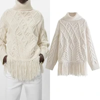 traf za white knitted women sweater fashion fringed womens turtleneck pullover female fall long sleeve knit elegant woman top