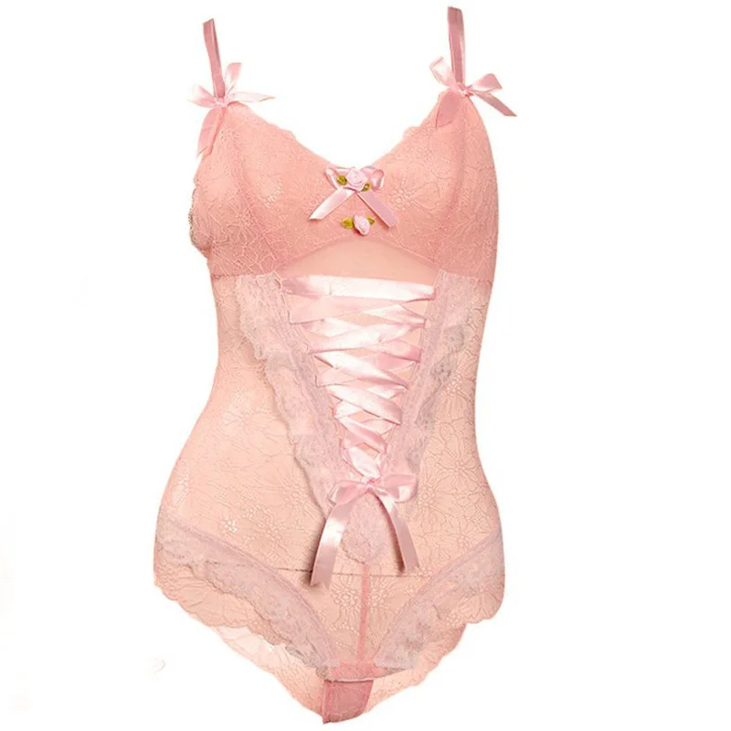 

Sexy New Palace Court Retro Perspective Tulle Pajamas Sweet Girl Bow Decoration Pink One-piece adult onesie