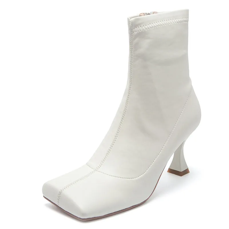 

ANNYMOLI Real Leather Woman Boots High Heel Ankle Boots Zipper Stiletto Heel Short Boots Square Toe Female Shoes Autumn Winter