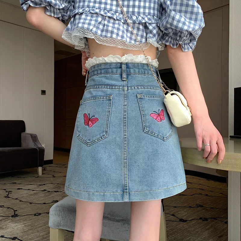 

Women Personality All-Match Lace Side Denim Skirts Chic Summer Female Korean Butterfly Embroidered Jean Skirt with Pockets Girls