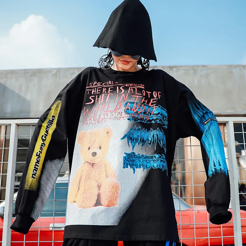 

T-shirt women's shirt long-sleeved round neck 2019 autumn Korean women's bear print ladies loose bottoming shirt