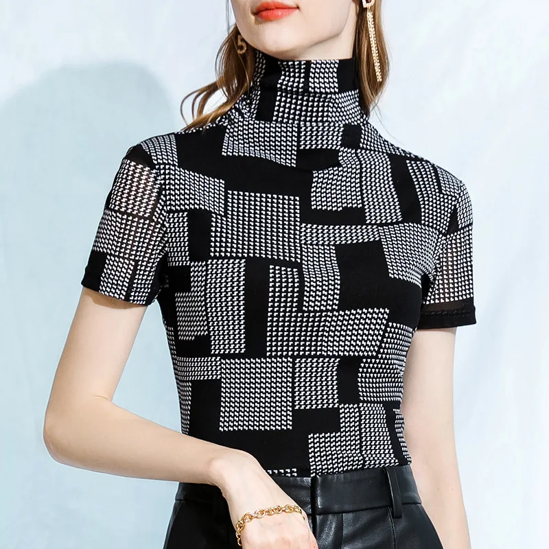 

High-neck T-shirt Women's 2021 Early Spring New Women's Clothing with Short-sleeved Contrast Elastic T-shirt Tight Mesh Top