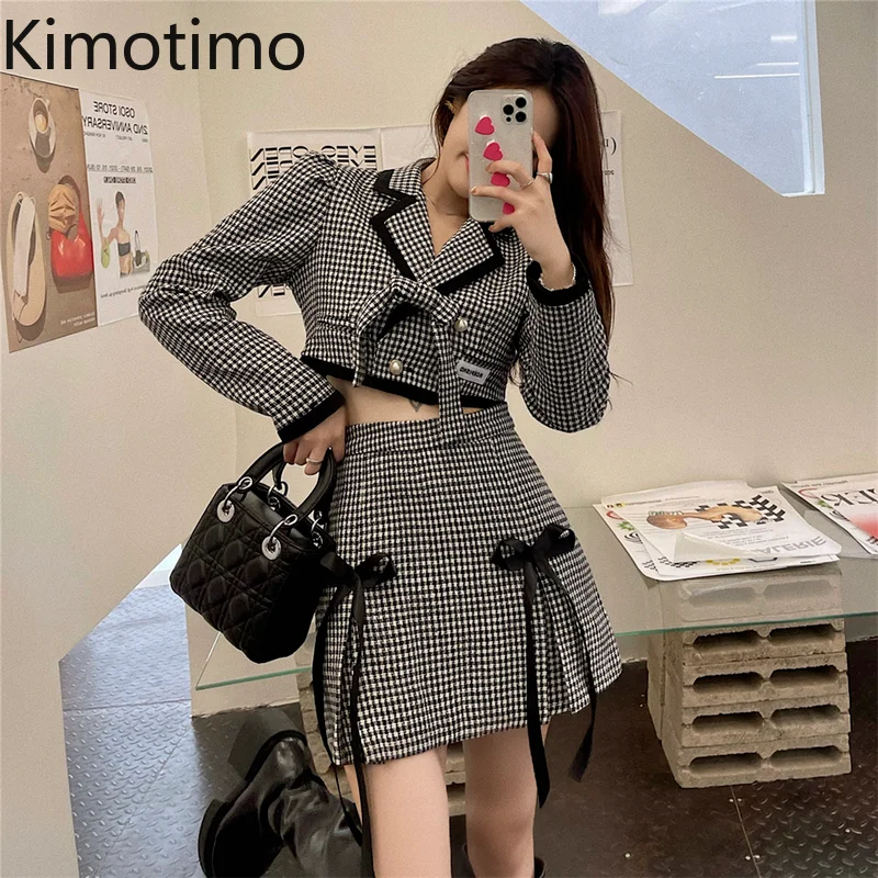 

Женский комплект из двух предметов Kimotimo, Корейская шикарная Осенняя элегантная клетчатая короткая куртка в стиле ретро с бантом и трапецие...