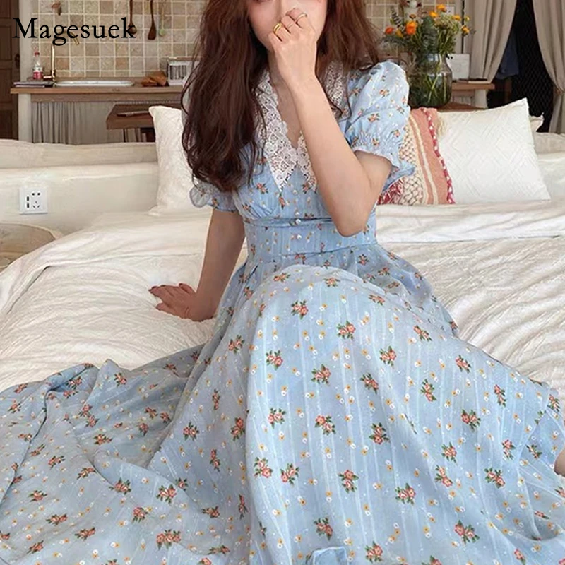 

V Neck Lace Long Dress Vintage Floral Short Sleeve Summer Dress Casual Party Dress Women New Lace Chiffon Print Vestidos 13574