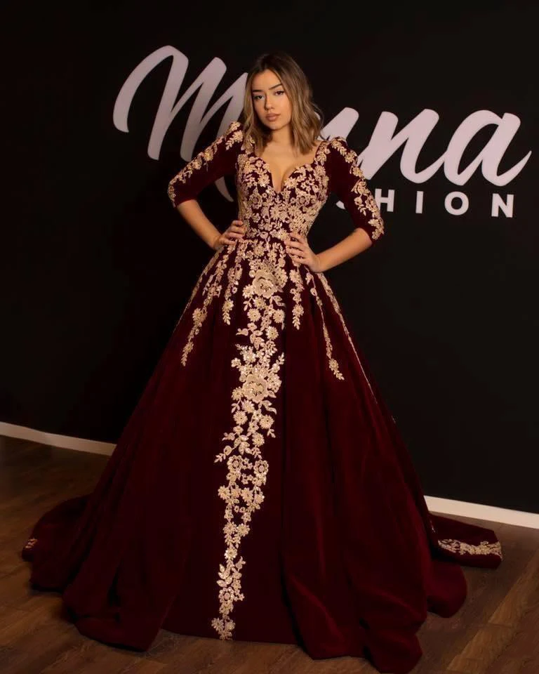 

Hot Kaftan Caftan Burgundy Velvet Evening Dresses Prom Dress Half Sleeve Gold Luxury Lace Applique Arabic Dubai Abaya Occasion