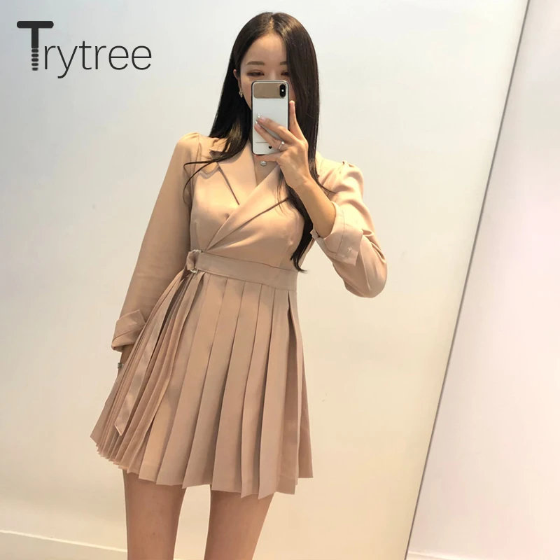 Trytree 2020 весеннее женское платье повседневное с отложным воротником однотонное 2