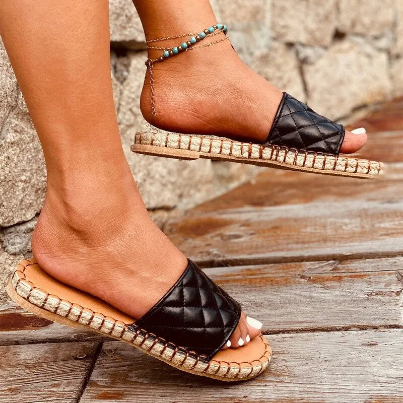

2021Women Slippers Causal Ladies Outdoor Open Toe Slides Fashion Female Lozenge PU Leather Sandals Beach Flat Solid Sandals Rome