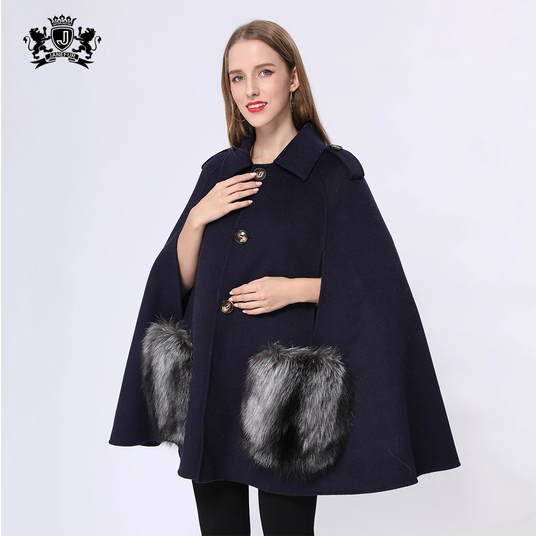 

Janefur New Products Women Poncho Coat Cashmere Real Fox Fur Pocket Cape Shawl Ladies Female Fashion Winter Warm Capes Fur