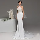 Женское свадебное платье без рукавов, белое платье с лямкой на шее, аппликацией и шлейфом в пол, 2021