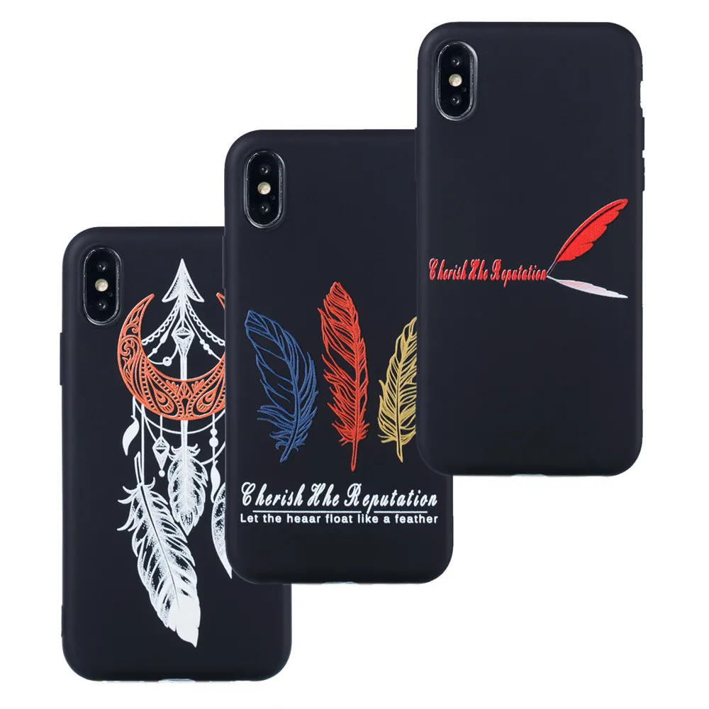 Soft Light Thin Painted Back Fitted Case for iPhone 11 Pro X XS MAX XR 6 6S 7 8 Plus Stylish Feather Pattern Cover Shell |