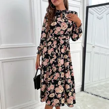 Vestido de primavera otoño con estampado Floral para mujer, ropa informal de manga larga con cuello redondo, elegante para fiesta, 2022 (1)