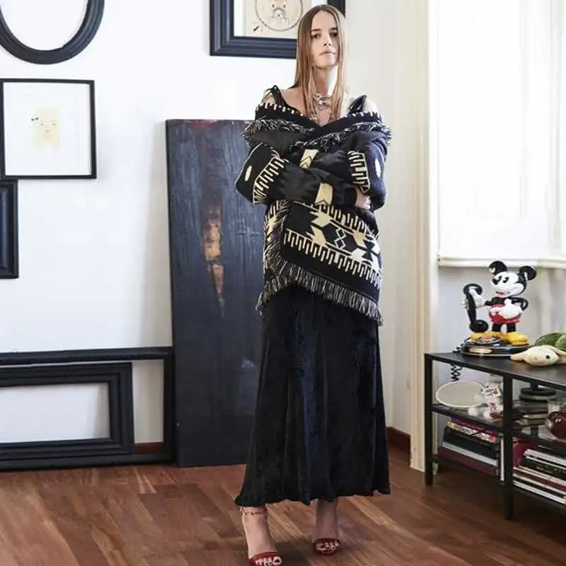 Black Geometro Cardigan Women Long Sleeve Fringe Collar Cardigan Coat Winter New Warm Knitted Cardigan Sweater Coat Oversize