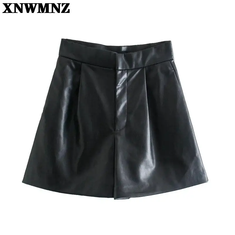 

XNWMNZ 2021 za Vintage Leather High Waist Pu Mom Shorts Women Casual Bermuda Loose Short Feminino Plus Size Women Short