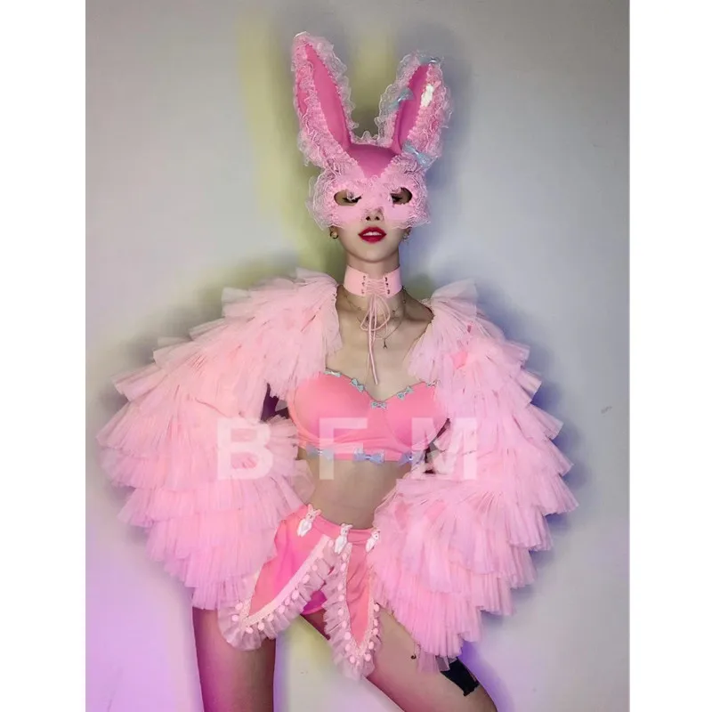 

Диджейская певица, танцевальная Сексуальная сценическая одежда, розовое бикини, шаль, наряд для ночного клуба, бара, ГОГО, костюм для вечерние НКИ, шоу, рейва, командная одежда для выступлений