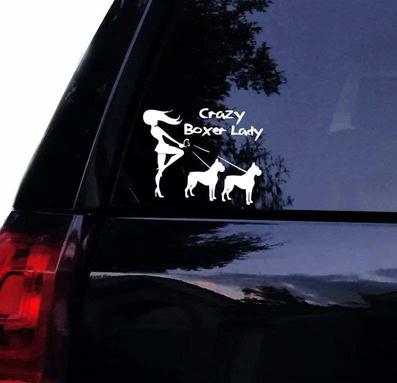 

Fashion Black/Sliver Crazy Boxer Lady Decal Lady Walking Two Boxer Dogs Sticker Window Door Decal Funny Top Quality Waterproof