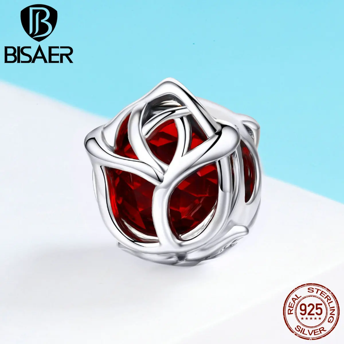 BISAER 100% 925 пробы серебра Perles Романтический Красная роза цветок Форма шарма бусины