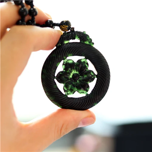 Натуральный черный зеленый китайский нефрит двусторонний резной цветок кулон