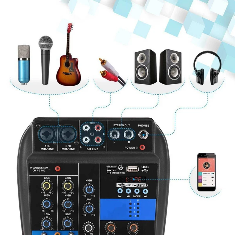 Portable 4 Channels Usb Mini Sound Mixing Console Audio Mixer Amplifier Bluetooth 48V Phantom Power For Karaoke Ktv Match Party |