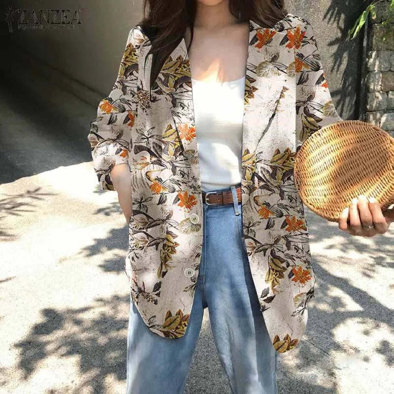 

Vintage Women's Printed Blazer 2021 Spring Autumn ZANZEA Cotton Linen Long Sleeve Coat Casual Loose Button Up Oversize Outwear 7