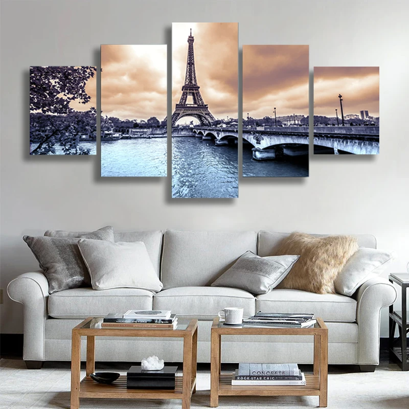 

Canvas Poster Art Painting Frame Home Decor 5 Panel Paris Cityscape Eiffel Tower Landscape Living Room Wall HD Printed Pictures