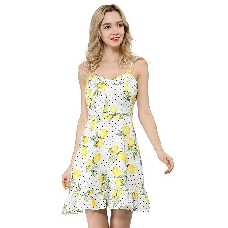 

2021 Summer New SLING DRESS V-neck Lemon Print Ruffle Skirt Women Dresses Summer Dresses for Women Party