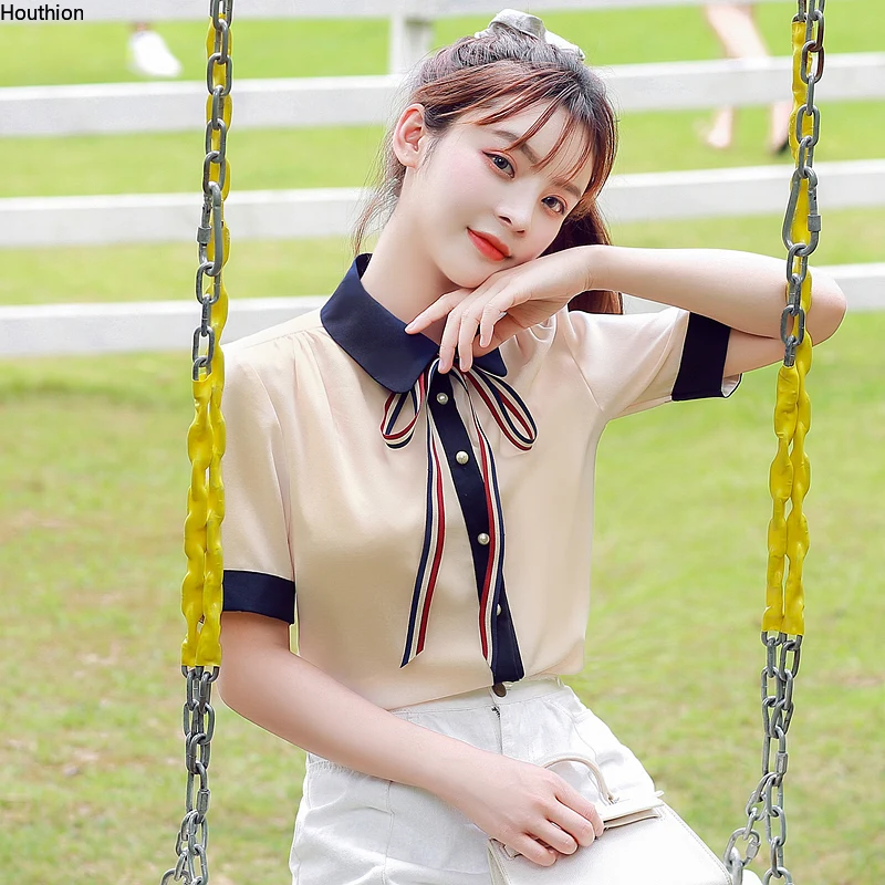 

Шелковые женские блузки Houthion, модная блузка, топ с коротким рукавом, Повседневная шелковая рубашка с панелями, новая одежда, женские рубашки...