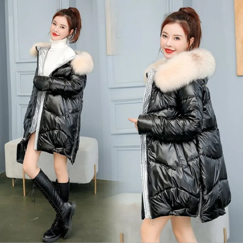 

Glossy Hooded Removable Fur Collar Warm Parka Women Korean Loose Long Sleeve Cotton-Padded Jackets Trendy Thick Winter Overcoat