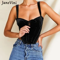 janevini 2021 fashion black velvet corset crop tops sleeveless lace up ruched sexy tank vest women club party clothes streetwear