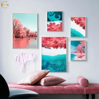 pink forest flower beach sea canvas painting nordic wall art posters and prints landscape wall pictures for living room decor