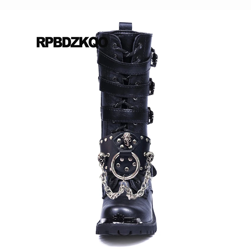 Мужские кожаные ботинки до середины икры черные военные в стиле панк с
