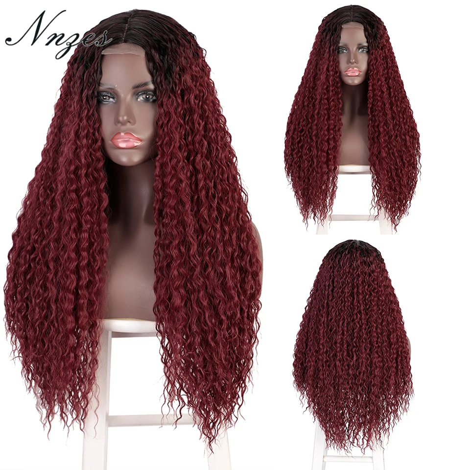 

NNZES Long Synthetic Wig Ombre Red Curly Wigs for Women Black Mixed Brown Cosplay Middle Part Natural Hairline Daily Wig