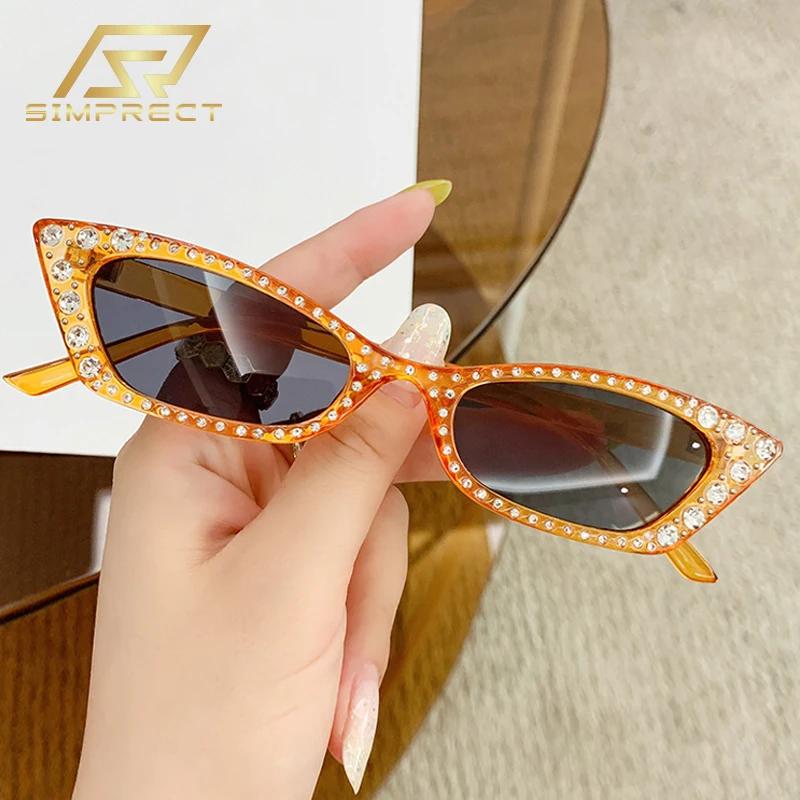 

SIMPRECT Diamond Small Cat Eye Sunglasses Women 2021 Luxury Brand Designer Fashion Retro Sun Glasses Vintage Shades For Women